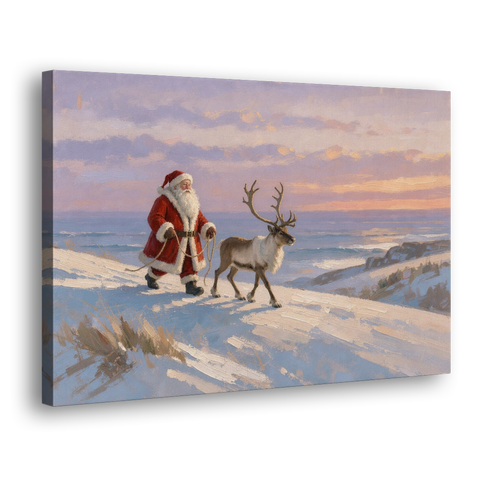 Christmas Santa and Reindeer at Twilight - Canvas Wall Art