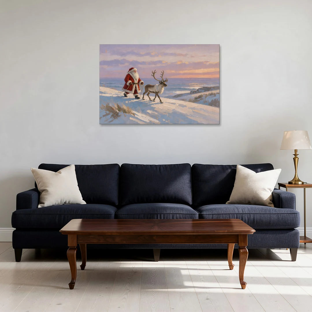 Santa and Reindeer at Twilight - Canvas Wall Art - Sofa - 36x24