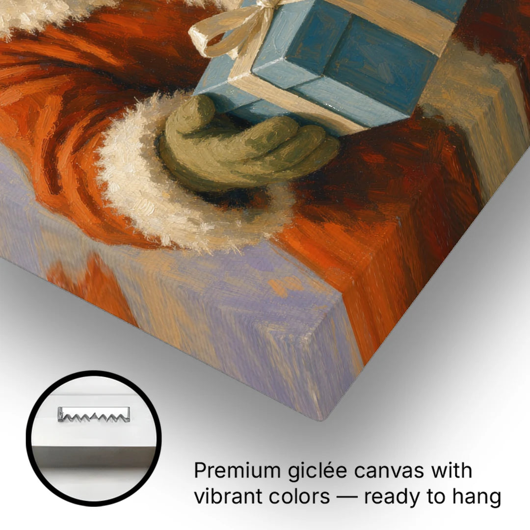 Santa with the Blue Gift - Canvas Wall Art - Gallery Wrap Corner