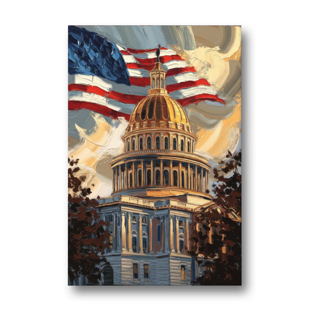 Savannah Capitol with American Flag - Canvas Wall Art - Front