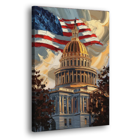 Savannah Capitol with American Flag - Canvas Wall Art