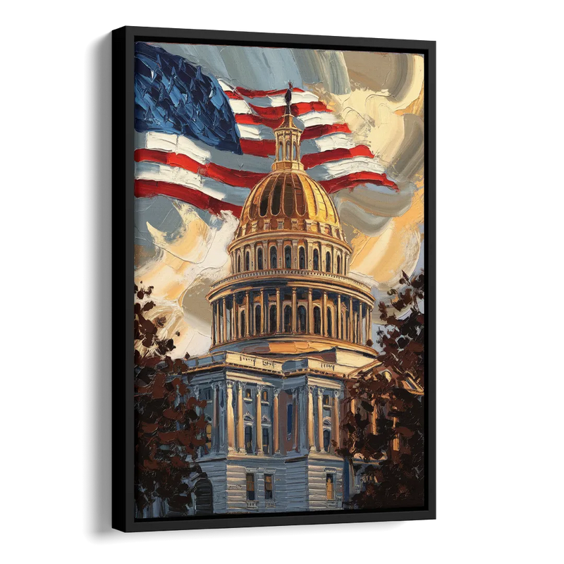 Savannah Capitol with American Flag Side - Black Canvas Wall Art