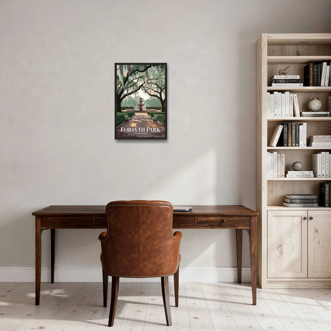 Savannah Forsyth Park Pathway - Black Framed Canvas Wall Art - Office - 16x24