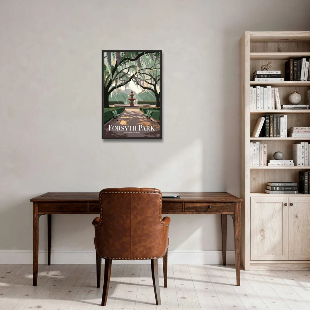 Savannah Forsyth Park Pathway - Black Framed Canvas Wall Art - Office - 20x30