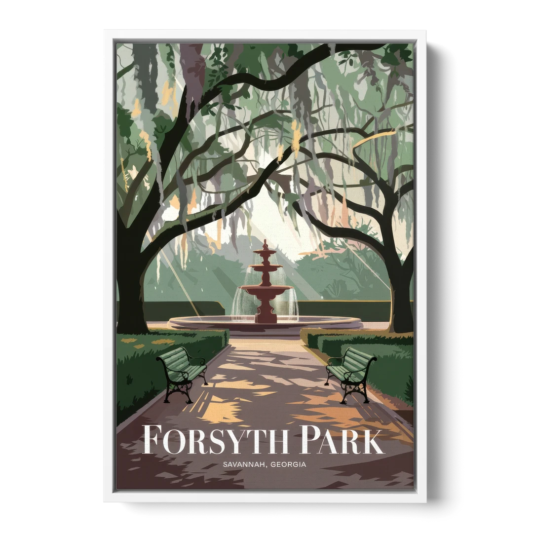 Savannah Forsyth Park Pathway - White Framed Canvas Wall Art - Front