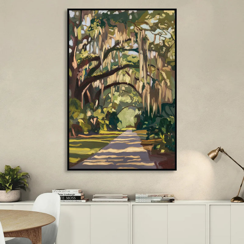 Savannah Oak Trees and Moss Sitting Room - Black Canvas Wall Art