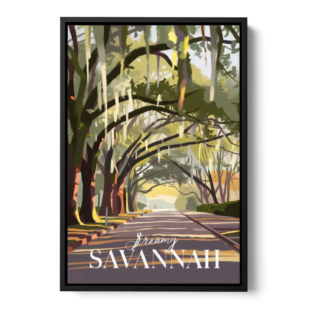 Savannah Spanish Moss Streets - Black Framed Canvas Wall Art - Front