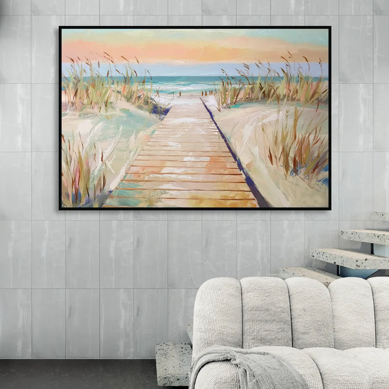 Seaside Boardwalk Dreams Living Room - Black Canvas Wall Art