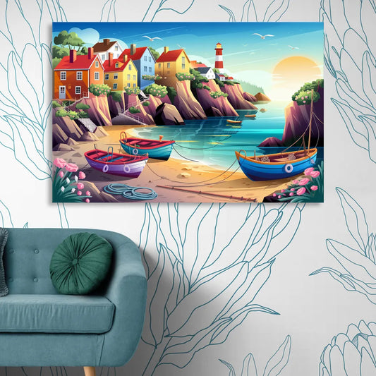Seaside Fishing Village Living Room - Canvas Wall Art