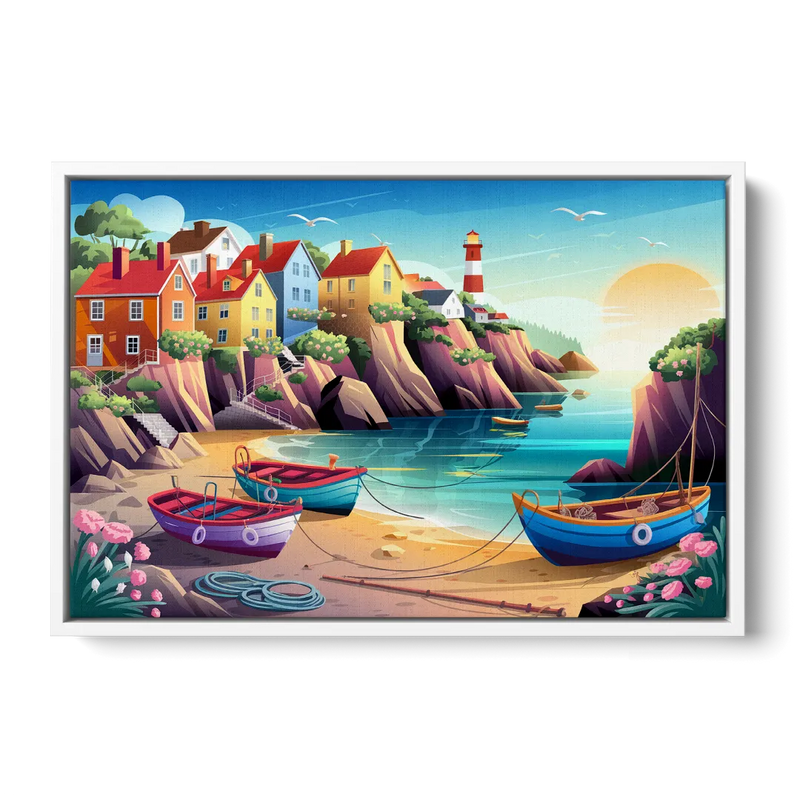 Seaside Fishing Village Front - White Canvas Wall Art