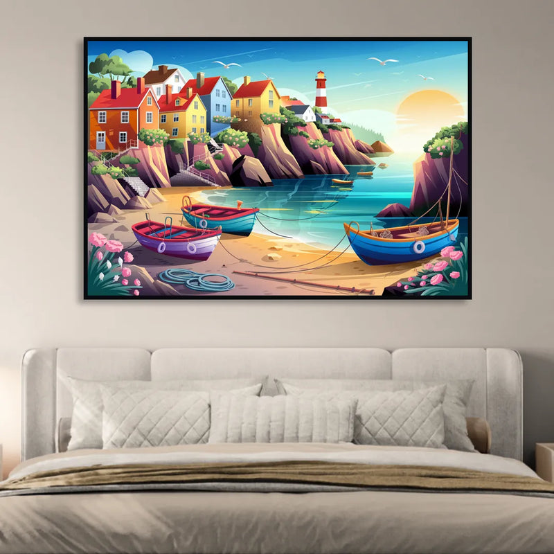 Seaside Fishing Village Sitting Room - Black Canvas Wall Art