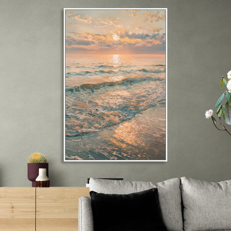 Seaside Golden Hour Sitting Room - White Canvas Wall Art
