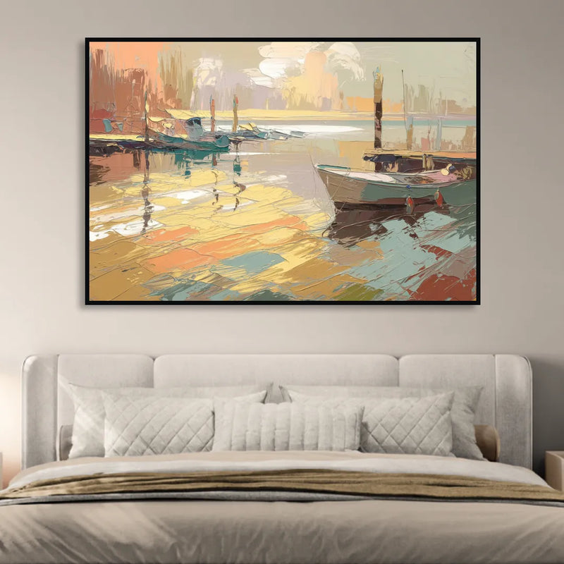 Seaside Harbor Reflections Living Room - Black Canvas Wall Art