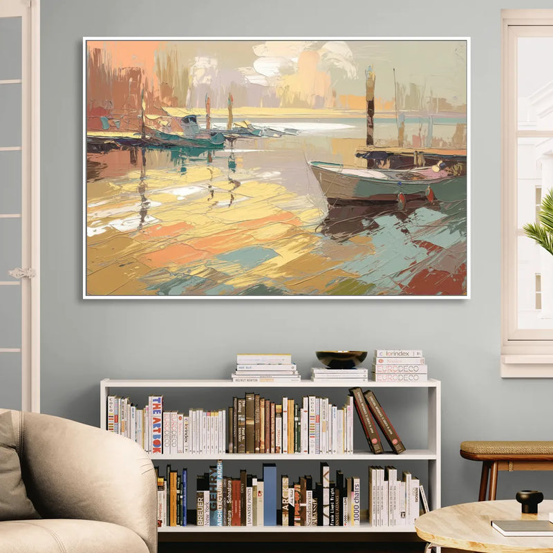 Seaside Harbor Reflections Sitting Room - White Canvas Wall Art