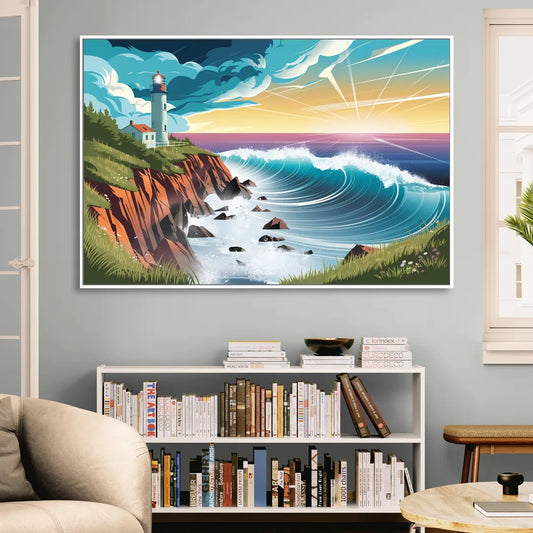 Seaside Lighthouse View Living Room - White Canvas Wall Art