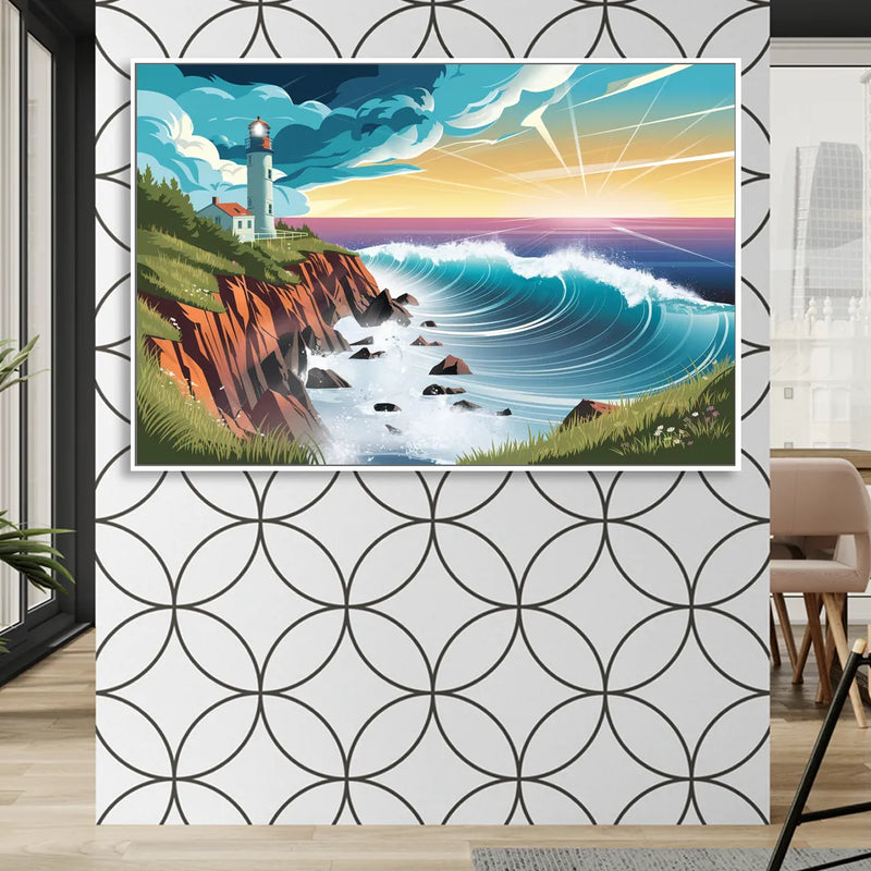 Seaside Lighthouse View Sitting Room - White Canvas Wall Art