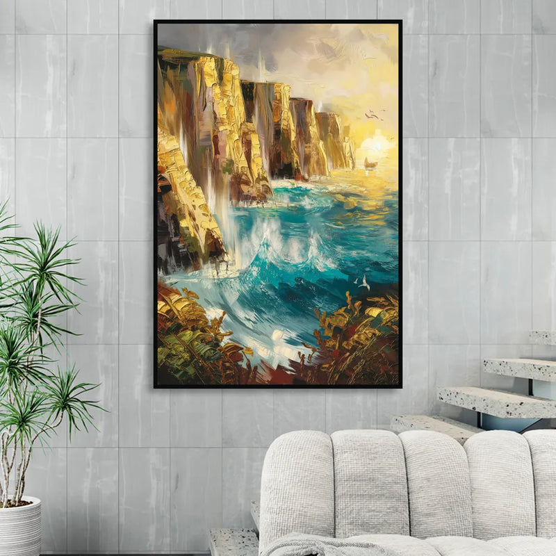 Seaside Rocky Cliffs Living Room - Black Canvas Wall Art