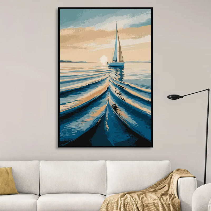 Seaside Sailboat Horizon Living Room - Black Canvas Wall Art