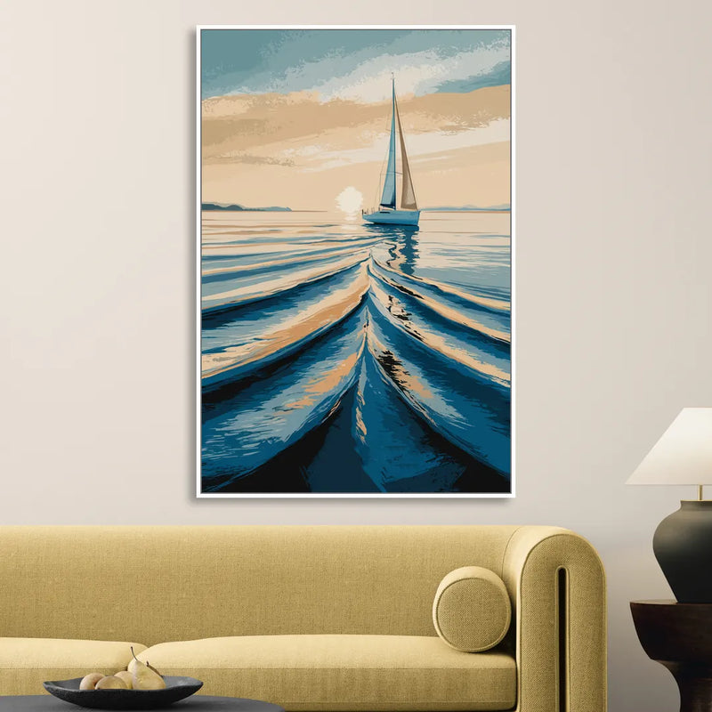 Seaside Sailboat Horizon Sitting Room - White Canvas Wall Art