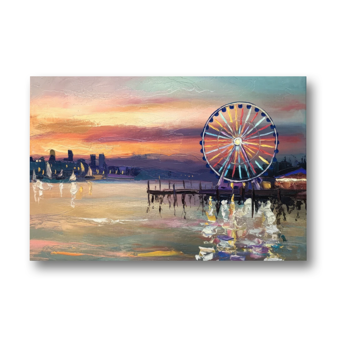 Seattle Harbor With Ferris Wheel - Canvas Wall Art - Front