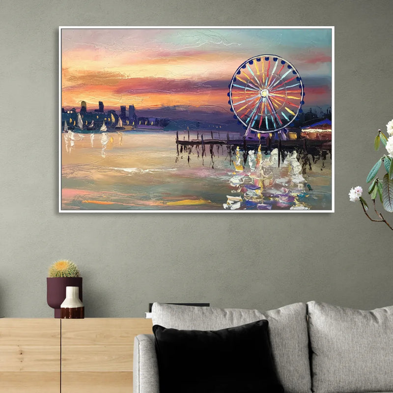 Seattle Harbor With Ferris Wheel Sitting Room - White Canvas Wall Art