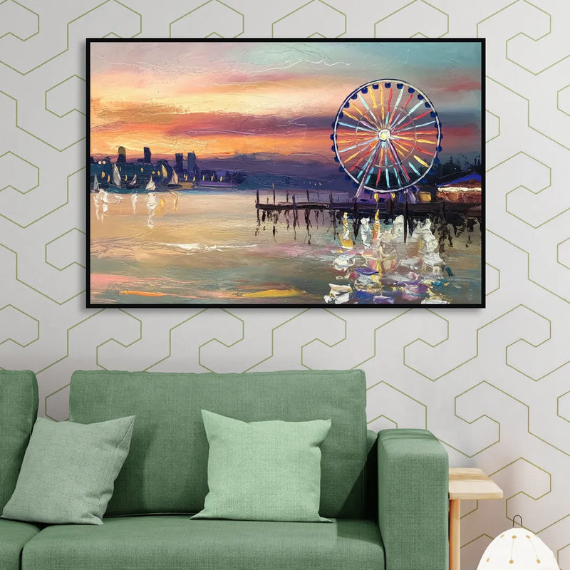 Seattle Harbor With Ferris Wheel Sitting Room - Black Canvas Wall Art