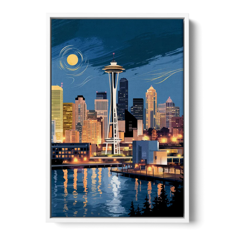 Seattle Nightscape Front - White Canvas Wall Art