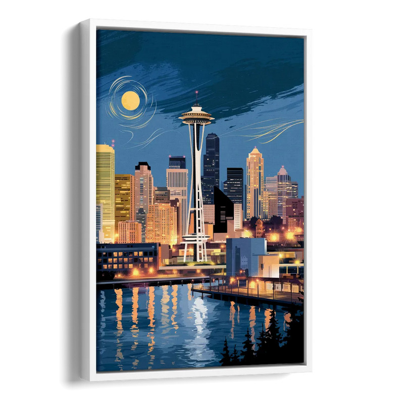Seattle Nightscape Side - White Canvas Wall Art