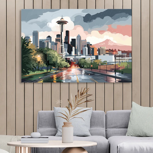 Seattle Rainy Day Skyline Living Room - Canvas Wall Art