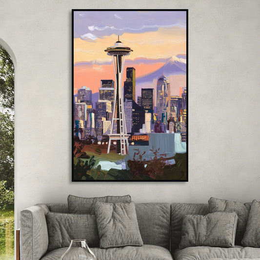 Seattle Skyline from Kerry Park Living Room - Black Canvas Wall Art