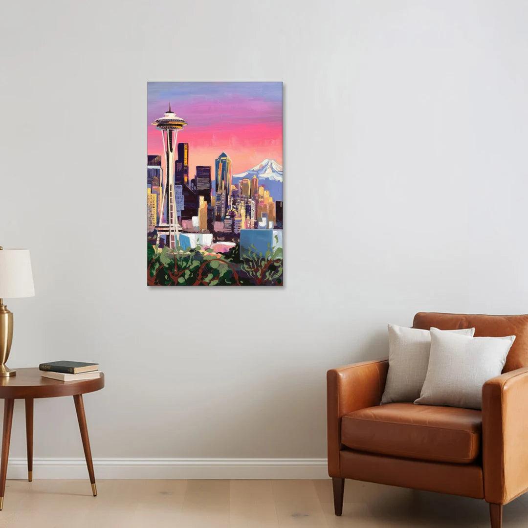 Seattle Skyline with Mount Rainier - Canvas Wall Art - Sofa - 24x36