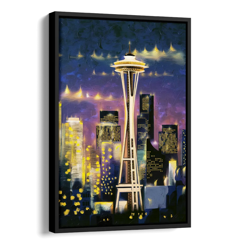 Seattle Space Needle Night Lights Side - Black Canvas Wall Art