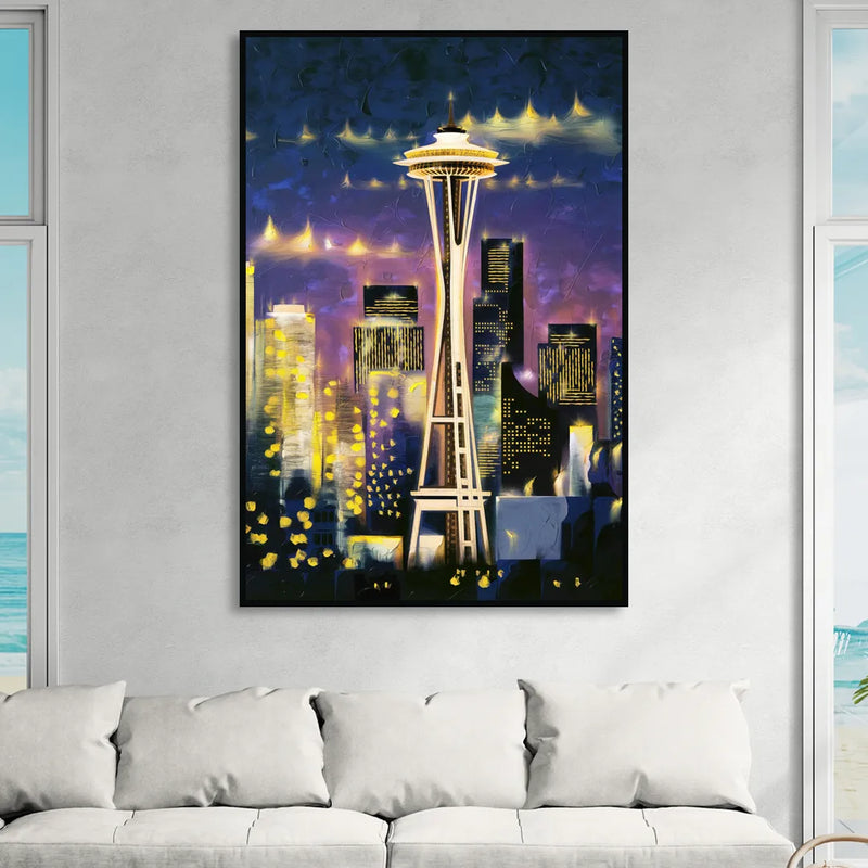 Seattle Space Needle Night Lights Living Room - Black Canvas Wall Art