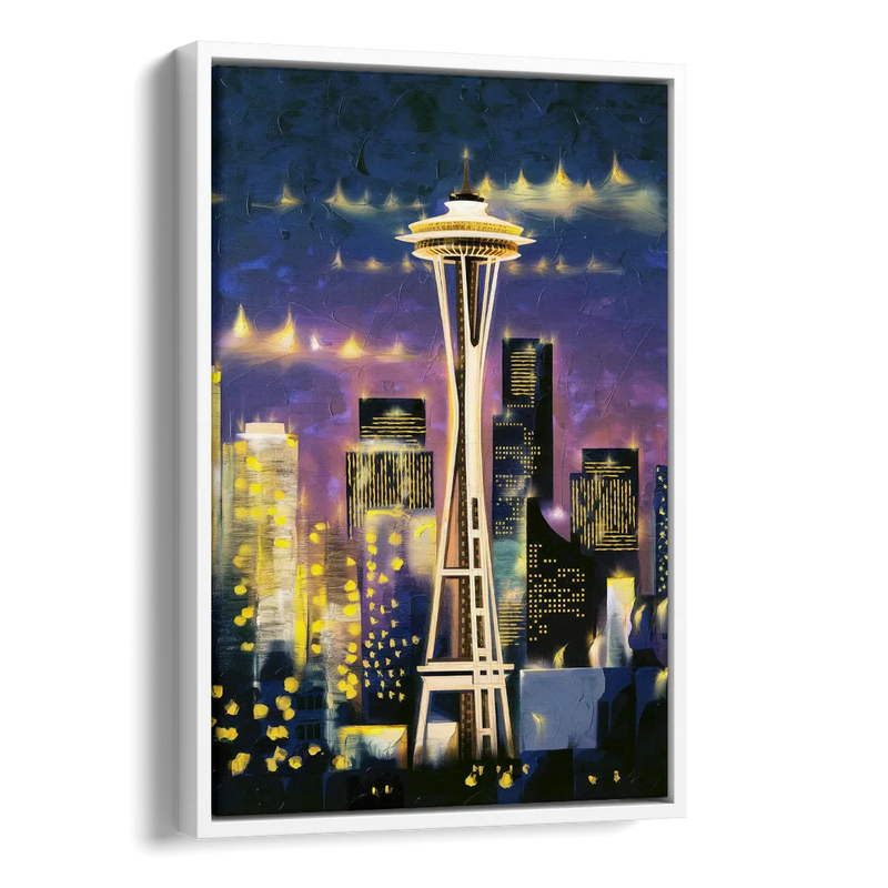 Seattle Space Needle Night Lights Side - White Canvas Wall Art