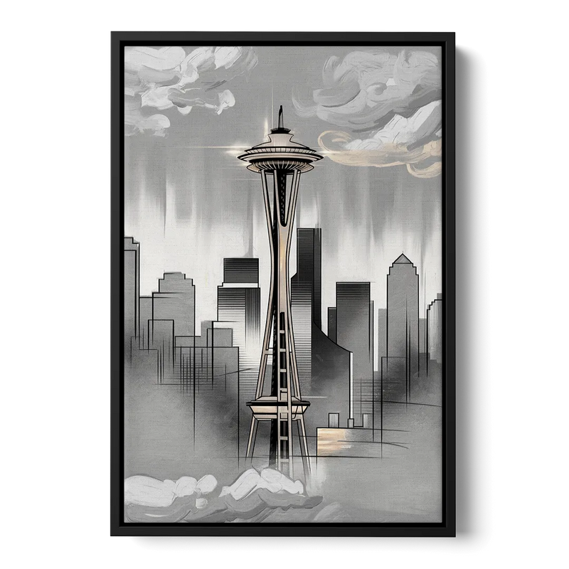 Seattle Space Needle Silhouette Front - Black Canvas Wall Art