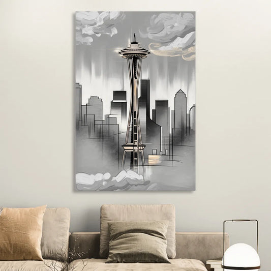 Seattle Space Needle Silhouette Living Room - Canvas Wall Art