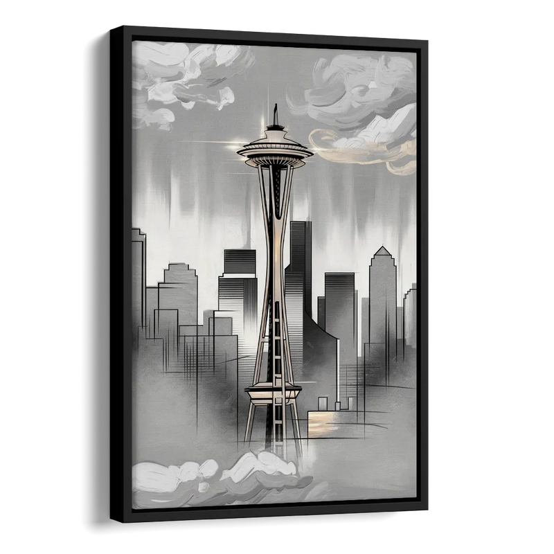 Seattle Space Needle Silhouette Side - Black Canvas Wall Art
