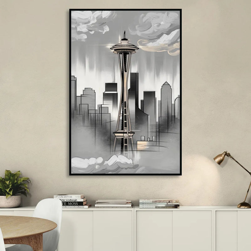 Seattle Space Needle Silhouette Living Room - Black Canvas Wall Art