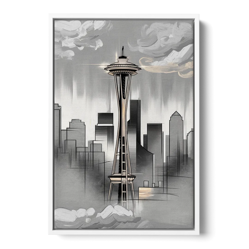 Seattle Space Needle Silhouette Front - White Canvas Wall Art