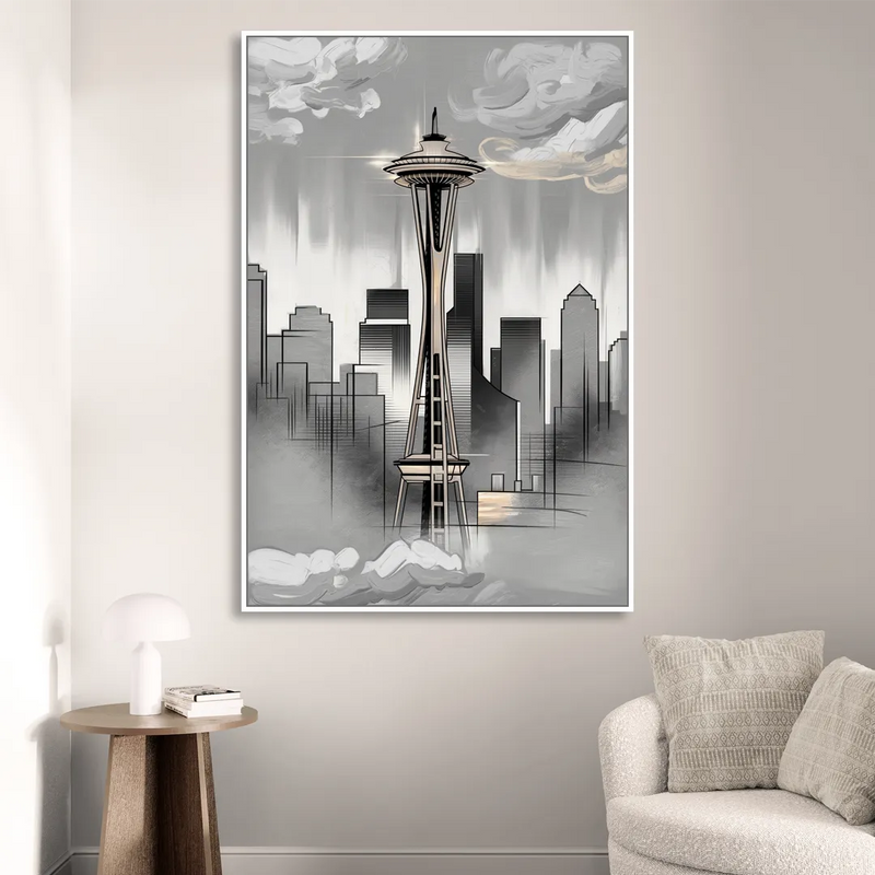 Seattle Space Needle Silhouette Living Room - White Canvas Wall Art