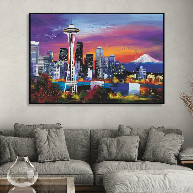 Seattle Space Needle View Sitting Room - Black Canvas Wall Art