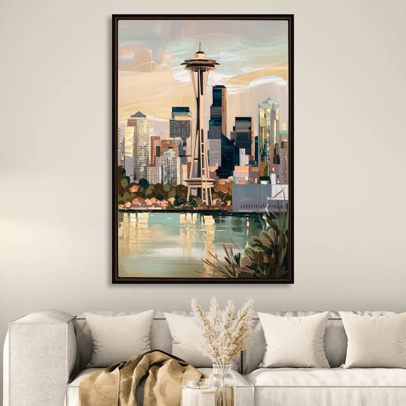 Seattle Space Needle and Cityscape Sitting Room - Black Canvas Wall Art