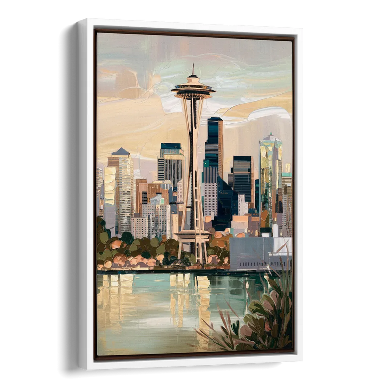 Seattle Space Needle and Cityscape Side - White Canvas Wall Art
