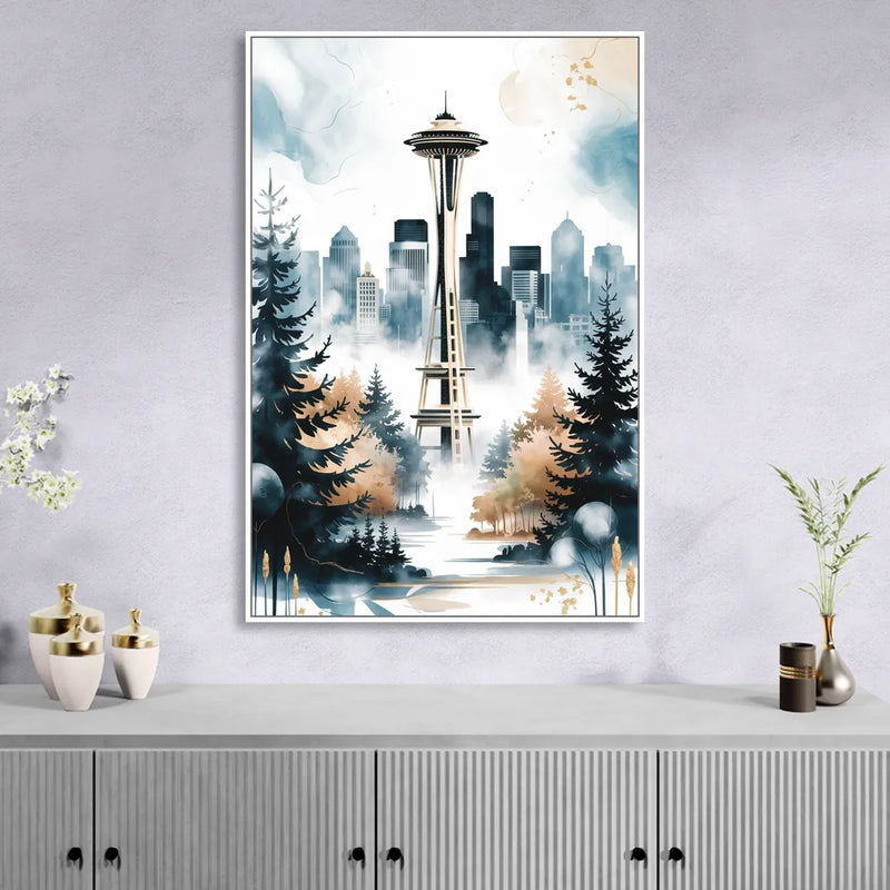 Seattle Space Needle in Fog Living Room - White Canvas Wall Art