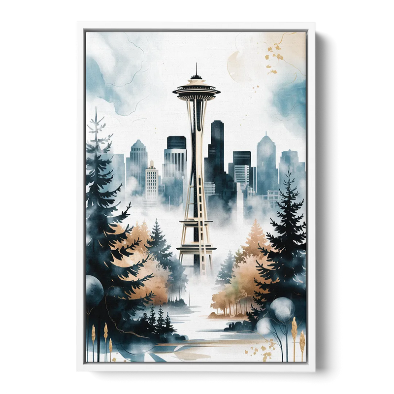 Seattle Space Needle in Fog Front - White Canvas Wall Art