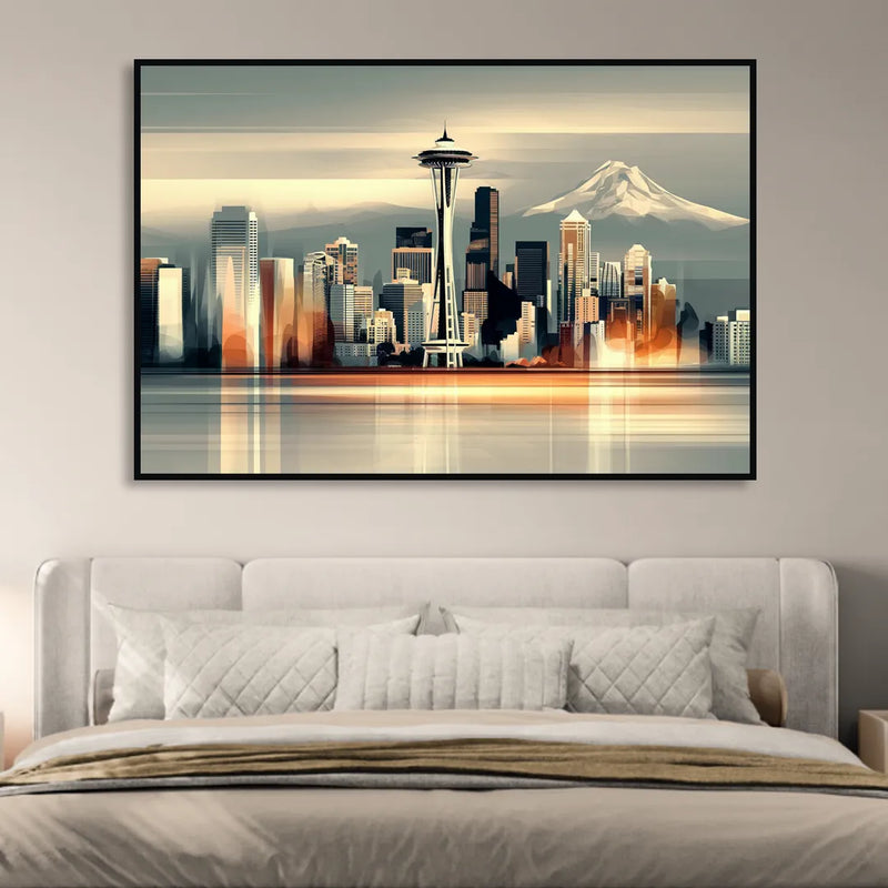 Seattle Urban Landscape Living Room - Black Canvas Wall Art
