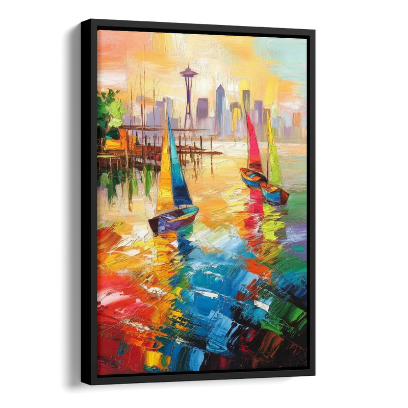 Seattle Waterfront Boats Side - Black Canvas Wall Art