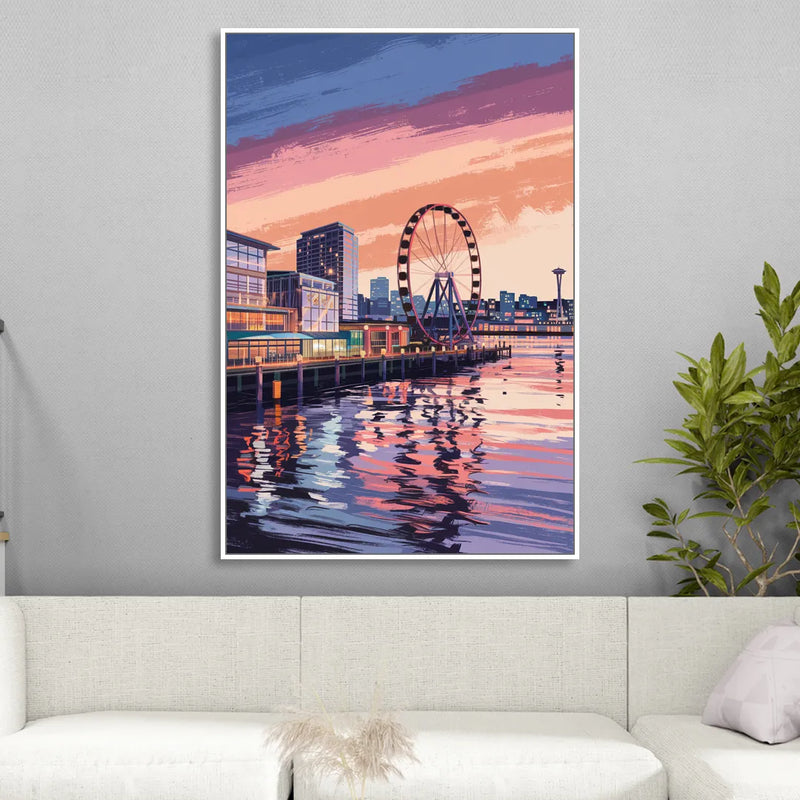 Seattle Waterfront Scene Living Room - White Canvas Wall Art