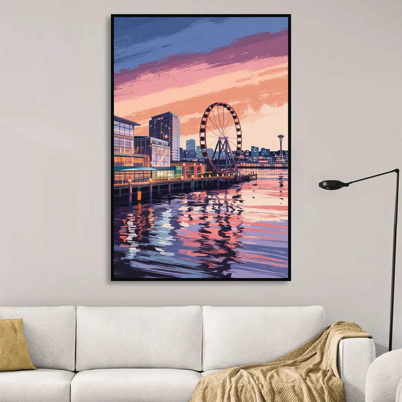 Seattle Waterfront Scene Sitting Room - Black Canvas Wall Art