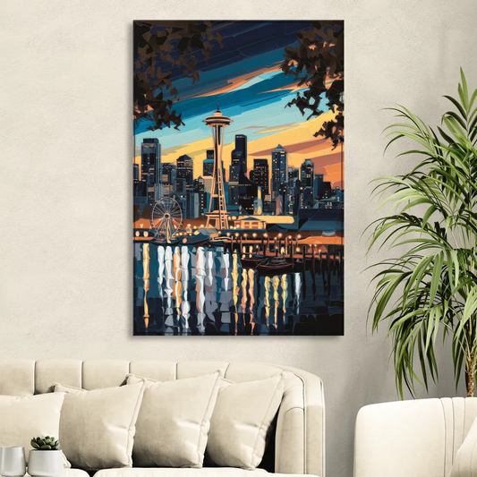 Seattle Waterfront at Twilight Living Room - Canvas Wall Art